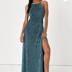 Lulus Darling Stunner Shiny Teal Lurex Backless Maxi Dress